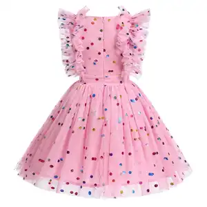 New Design Butterfly Tulle Midi Dress Ruffle Sleeves Square Neck A Lined Dress Zipper Back Summer Dresses For Little Girls