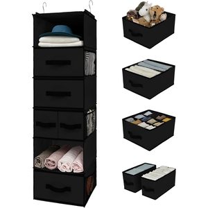 Organisateur de placard suspendu avec 6 étagères, 5 tiroirs, 6 poches latérales, en tissu non tissé détachable, pour le rangement des vêtements dans la chambre, type crochet - Product Image 1