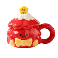 Mug de Noël avec couvercle, en céramique, en forme de sapin de Noël, avec un visage d'elfe mignon, mug à café 420 ml, vaisselle de Noël, rouge et vert, sans danger pour les aliments