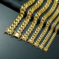 Chaîne de collier cubaine brillante en acier inoxydable plaqué or 14 carats PVD, largeur 8mm 10mm 12mm 14mm 18mm 20mm 22mm, style Hip Hop