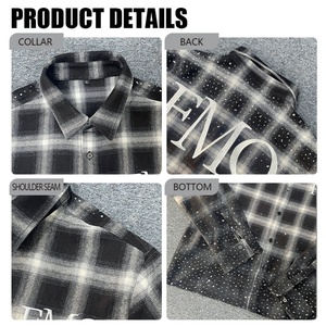 เสื้อเชิ้ตแขนยาวลายสก็อตทรงหลวมผ้าฝ้าย 100% สไตล์วินเทจตกแต่งด้วยคริสตัลสีสันสดใสแบบ Acid Wash พร้อมโลโก้สั่งทำพิเศษสำหรับผู้ชาย - Product Image 3