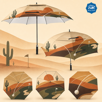 Parapluie de golf rétro motif cactus du désert, double ventilation, coupe-vent, imprimé personnalisé, pour extérieur, soleil et pluie