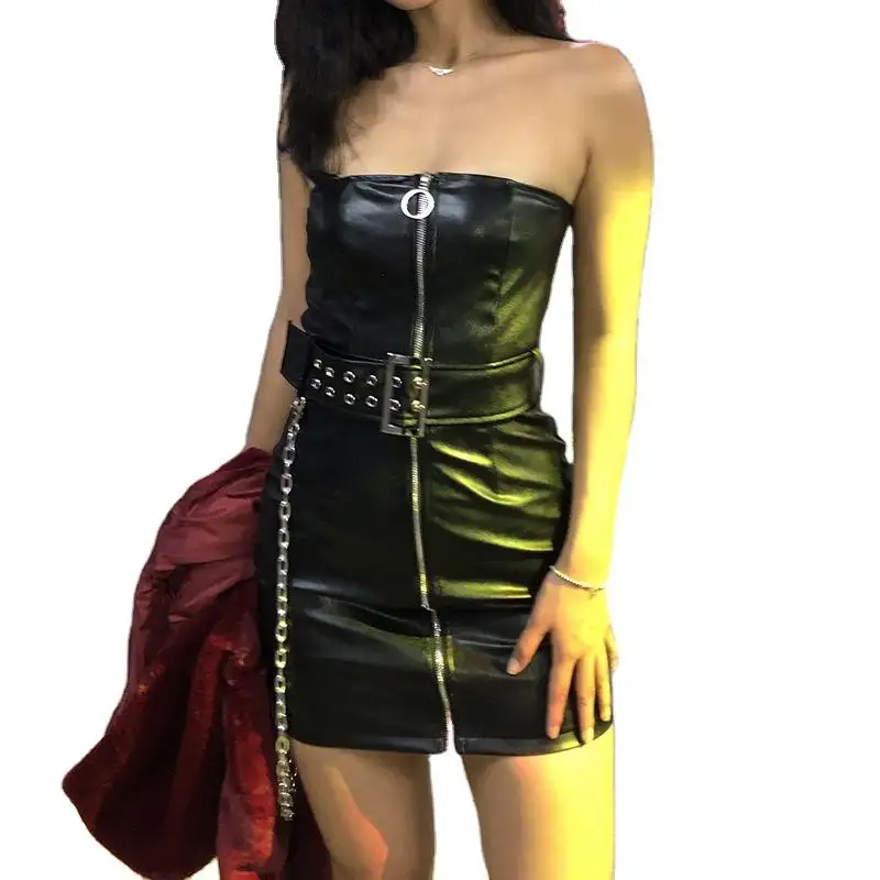 2023 New Arrival Sleeveless Black Zipper Belt Pu Leather Bodycon Women Mini Dress