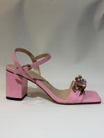 Sandales à talon carré et bout ouvert, avec chaîne métallique et strass roses, à boucle de cheville, pour soirée, vente en gros