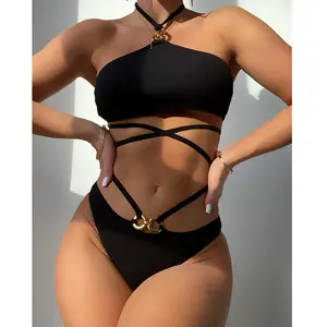 Fashion Bikini Two-piece Gold Figure 8 Loop High Waist Sexy Women's Long Rope Swimsuit Wholesale 2024