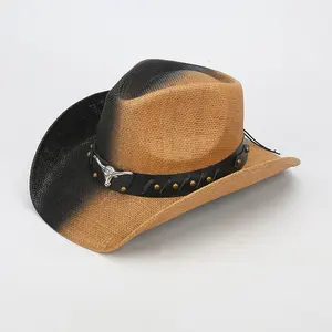 Linglong özel batı kağıt saman kumaş kovboy Sombrero Vaqueros iki ton renk güneş hasır şapka Dallas batı hasır şapka