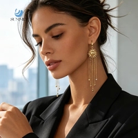 SUMMLY Pendientes Largos Vintage con Diseño de Sol y Múltiples Borlas, Chapados en Oro de 18K, de Acero Inoxidable con Cuentas Colgantes, Joyería de Moda