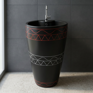 Red Flower Print One Piece Pedestal Wash Basin Asian Design Modern <b>Floor</b> Standing Solid Surface Sink - Product Image 4