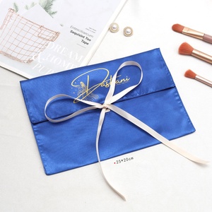 Reusable Custom Logo Printed Blue Satin <b>Envelope</b> Cosmetic Wallet Handbag Dust Pouch With Ribbon Tie Lingerie Gift Hair Wig Bag - Product Image 2