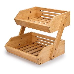 Double Layer Bamboo Fruit Rack With Drainage <b>Kitchen</b> Countertop Storage Vegetable Basket Eco Friendly Square Design - Product Image 1