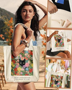 Custom Logo Cat & Floral Animal Print Canvas Tote <b>Bag</b> Double Handles <b>Large</b> Size-Reusable for School <b>Work</b> Beach Travel Shopping - Product Image 5