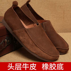 Mocassins en daim pour hommes, bout rond, à enfiler, doublure en cuir véritable, semelle extérieure en caoutchouc, légers, style marche - Product Image 5