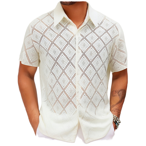 Men's Geometric Pattern <b>Short</b> <b>Sleeve</b> <b>Button</b>-<b>Up</b> Shirt Summer Wear Sweater Breathable Turn-Down Collar Cardigan - Product Image 1