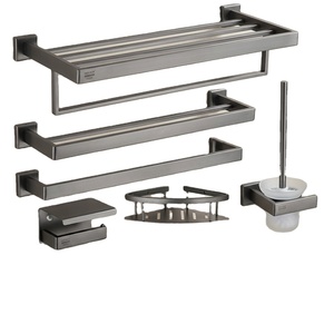 Ensemble d'accessoires de salle de bain à fixation murale en acier inoxydable finition brossée, porte-serviettes, étagère, porte-brosse WC, porte-savon, panier d'angle, minimaliste - Product Image 1