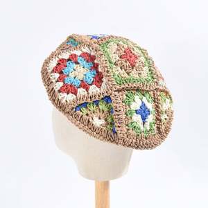 Béret d'été coloré rétro pour femme, style ethnique, à carreaux, fleur au crochet, en paille, mode extérieure - Product Image 1