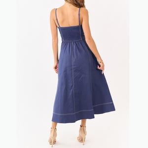 New Arrival Custom Spaghetti Strap Denim Midi Dress Smocked Back Contrast Stitch A-Line Casual <b>Summer</b> Dress for Women - Product Image 2