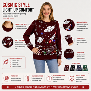 <span class=keywords><strong>Pull</strong></span> <span class=keywords><strong>de</strong></span> <span class=keywords><strong>Noël</strong></span> LED pour <span class=keywords><strong>femme</strong></span> FNJIA, tricot jacquard bordeaux, motif planètes, fusées, flocons <span class=keywords><strong>de</strong></span> neige, <span class=keywords><strong>pull</strong></span> <span class=keywords><strong>lumineux</strong></span> pour les fêtes, personnalisable OEM - Product Image 4