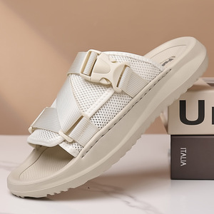 Men Summer Solid Mesh <b>Slides</b> Open Toe Breathable EVA Sole Casual Beach Sandals Buckle Strap White Lining - Product Image 1