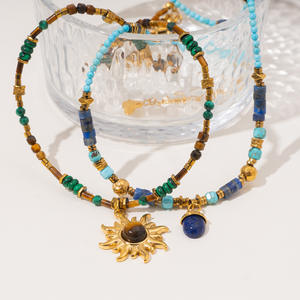 قلادة على الطراز الأوروبي من حجر اللازورد وعين النمر على شكل عباد الشمس، قلادة يدوية الصنع من الخرز، مجوهرات فاخرة متعددة الطبقات بأسلوب بوهيمي - Product Image 4