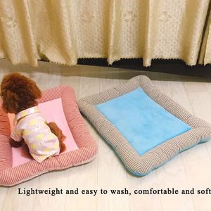 Summer Cooling Hunde bett Nachhaltiges Baumwoll leinen mit gestreiftem Design Feuchtigkeit beständige hand wasch bare Haustier kühl matte für heißes Wetter - Product Image 6