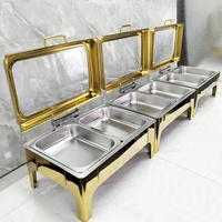 Plats de service de luxe 9L dorés en acier inoxydable, ensemble de chafing dish à compartiments pour traiteur, buffet de mariage et hôtels, avec système de chauffage au combustible