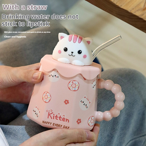 Tasse en céramique mignonne avec couvercle et paille tasse à café de bureau d'appel élevé pour les filles tasse à boire de l'eau - Product Image 3