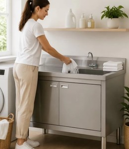 Table <span class=keywords><strong>de</strong></span> préparation <span class=keywords><strong>de</strong></span> cuisine autoportante en acier inoxydable 304, faite à la main, avec évier unique et armoire intégrée à double porte, pour restaurant, vente en gros, OEM - Product Image 3