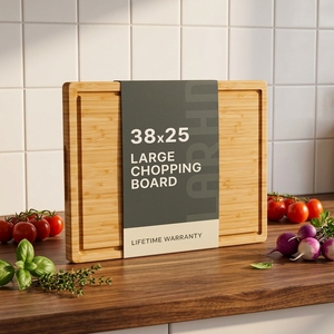 Planche à découper en bambou massif <span class=keywords><strong>de</strong></span> qualité supérieure 38x25, grande taille, avec poignée, rainure pour les jus, non toxique, anti-moisissure, type bloc <span class=keywords><strong>de</strong></span> boucher - Product Image 5