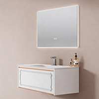 Meuble-lavabo de salle de bain moderne avec design à panneaux plats, vasque suspendue, style inspiré du bien-être, miroir éclairé inclus