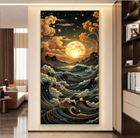 Decoración de Pared LED Grande, Luz de Luna, Paisaje Marino Abstracto de Lujo, Pintura Artística de Pared con Luz LED de Porcelana de Cristal