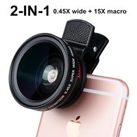 0.45x Objectif grand angle 15x Objectif macro 2 en 1 Kit d'objectifs de caméra à cils Hd pour téléphone portable