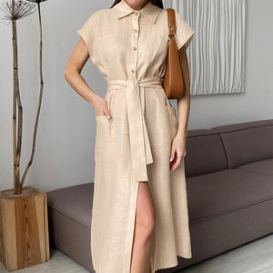 <span class=keywords><strong>Abito</strong></span> Lungo Enyami in Cotone e <span class=keywords><strong>Lino</strong></span> Blu Kaki a Vita Alta con Tasche per Donna Primavera Estate Autunno - Product Image 2