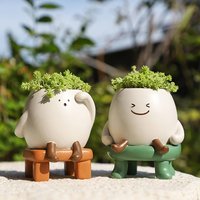 Pot Tanaman Sukulen Resin Kartun Duduk yang Lucu, Pot Tanaman Mini Wajah Tersenyum dengan Bangku, Pot Bunga Meja Kustom Dekorasi Rumah
