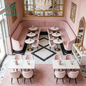 Elegante Conjunto de Muebles para <span class=keywords><strong>Restaurante</strong></span> o Cafetería con Asientos Curvos Tapizados en Terciopelo Rosa, Mesa Redonda de Piedra Sinterizada - Product Image 2