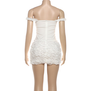 Abito <span class=keywords><strong>Estivo</strong></span> <span class=keywords><strong>Corto</strong></span> <span class=keywords><strong>Bianco</strong></span> Casual da Donna con Spalle Scoperte e Spalline Sottili, Decorazione Floreale, Elegante - Product Image 6
