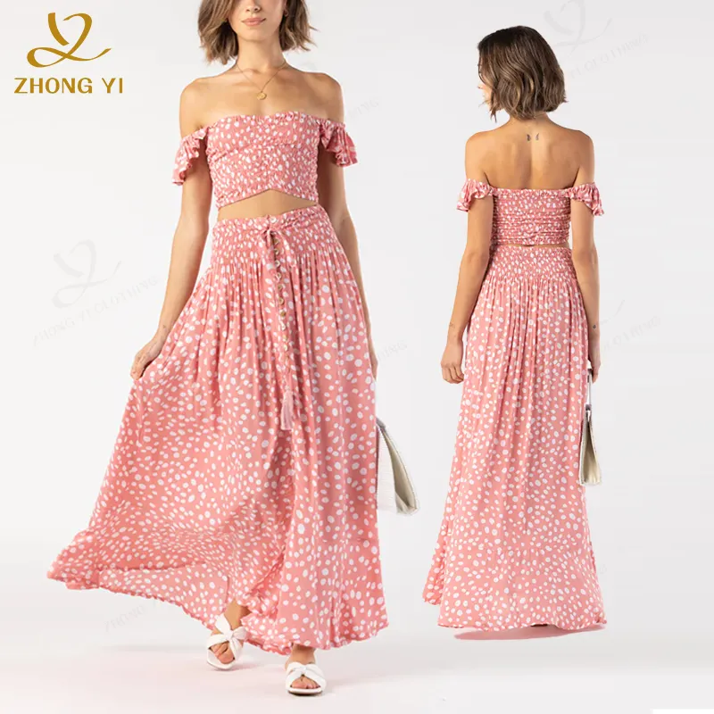 Conjunto de blusa e saia floral feminina 2 peças personalizada 100% rayon, serviço de design de roupas, vestido maxi casual sexy de verão, duas peças