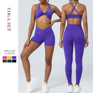 طقم رياضي مثير للفتيات يتكون من حمالة صدر رياضية بأشرطة متقاطعة وبنطلون عالي الخصر لرفع المؤخرة مع شورت ضيق بخصر متقاطع لليوغا - Product Image 6