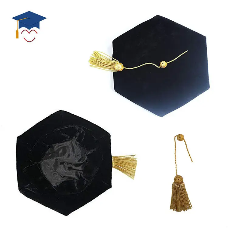 Докторской степени или Выпускной Tam черный бархат 6 стороннее со золотые слитки кисточкой Атлас из шелкового пояса