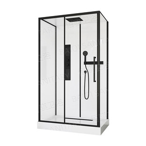 Ensemble complet de salle de bain carrée à cadre noir, <span class=keywords><strong>avec</strong></span> receveur en ABS blanc, cloison en verre, séparation sèche et humide. - Product Image 1