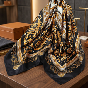 Luxury <b>Black</b> Gold Printed <b>Silk</b> Square <b>Scarf</b> Women Fashion Accessory All Seasons Multi-Functional Wholesale Custom LOGO Design - Product Image 3