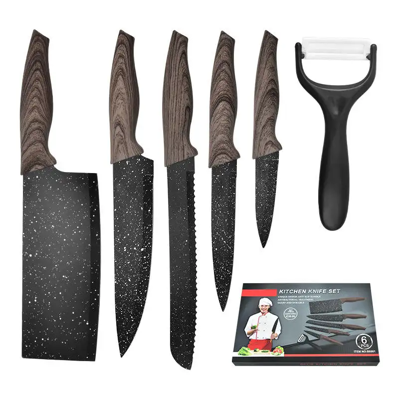 Factory Sale Wood Grain Handle 6-piece Non-stick Coating Knife Gift Set Kitchen Knife Cutter Chefs knives with Peeler