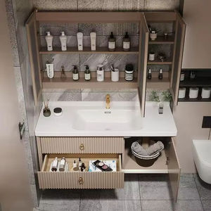 Meuble-lavabo de salle de bain moderne en laque blanche avec miroir intelligent LED, vasque en céramique et design rayé pour usage hospitalier - Product Image 5