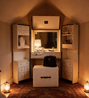 Gabinete de tocador estilo baúl vintage de lujo italiano con espejo abatible y taburete a juego, elegante gabinete de tocador para dormitorio