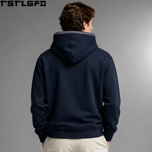 Oem Odm Contrast Stitch Pullover Hoodie Men <b>Navy</b> Zigzag Trim Wholesale Bulk - Product Image 2