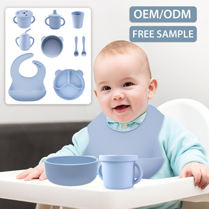 Ensemble de vaisselle en silicone pour enfants, 8 pièces, bleu clair, bavoir, bol, assiette, cuillère, tasse pour bébés de 0 à 12 mois - Product Image 3
