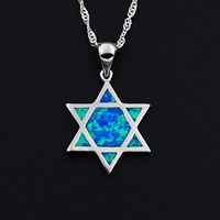 Judaica Juif Étoile de David Hamsa Main Chai Hébreu Israël Océan Bleu Opale de Feu Pendentif Collier
