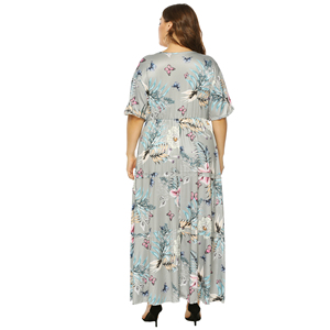 Venta al por mayor <span class=keywords><strong>Mujer</strong></span> Plus tamaño Floral impresión V profundo lazo de la cintura manga corta vestido Maxi - Product Image 6