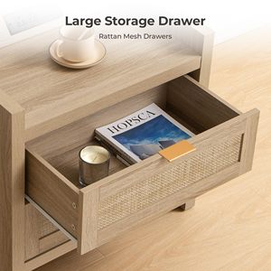 Type-C Charging Station Nightstands Set 2 Bedside <strong>Table</strong> 2 Drawers <strong>Storage</strong> Boho Light Oak <strong>End</strong> <strong>Table</strong> for Bedroom Office Rattan - Product Image 5