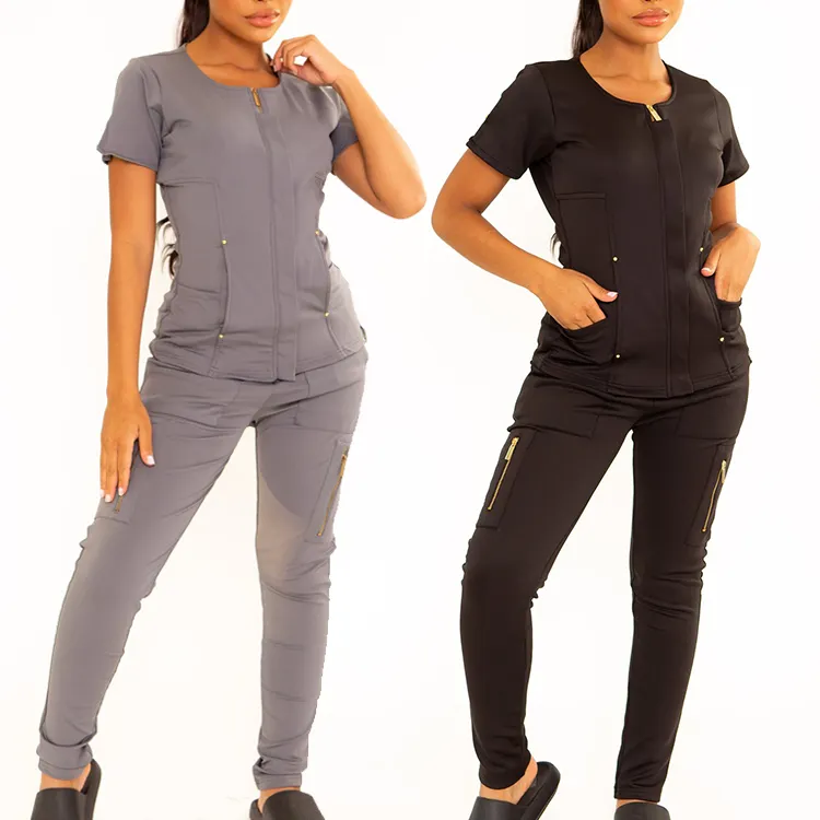 Özel Jogger hastane üniforması elastik cepler kadın hemşirelik tıbbi donatılmış siyah sıkı Scrubs üniforma setleri