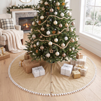 Collier de sapin de Noël minimaliste en lin beige de 58 pouces avec mini pompons et boutons, naturel, pour extérieur et intérieur